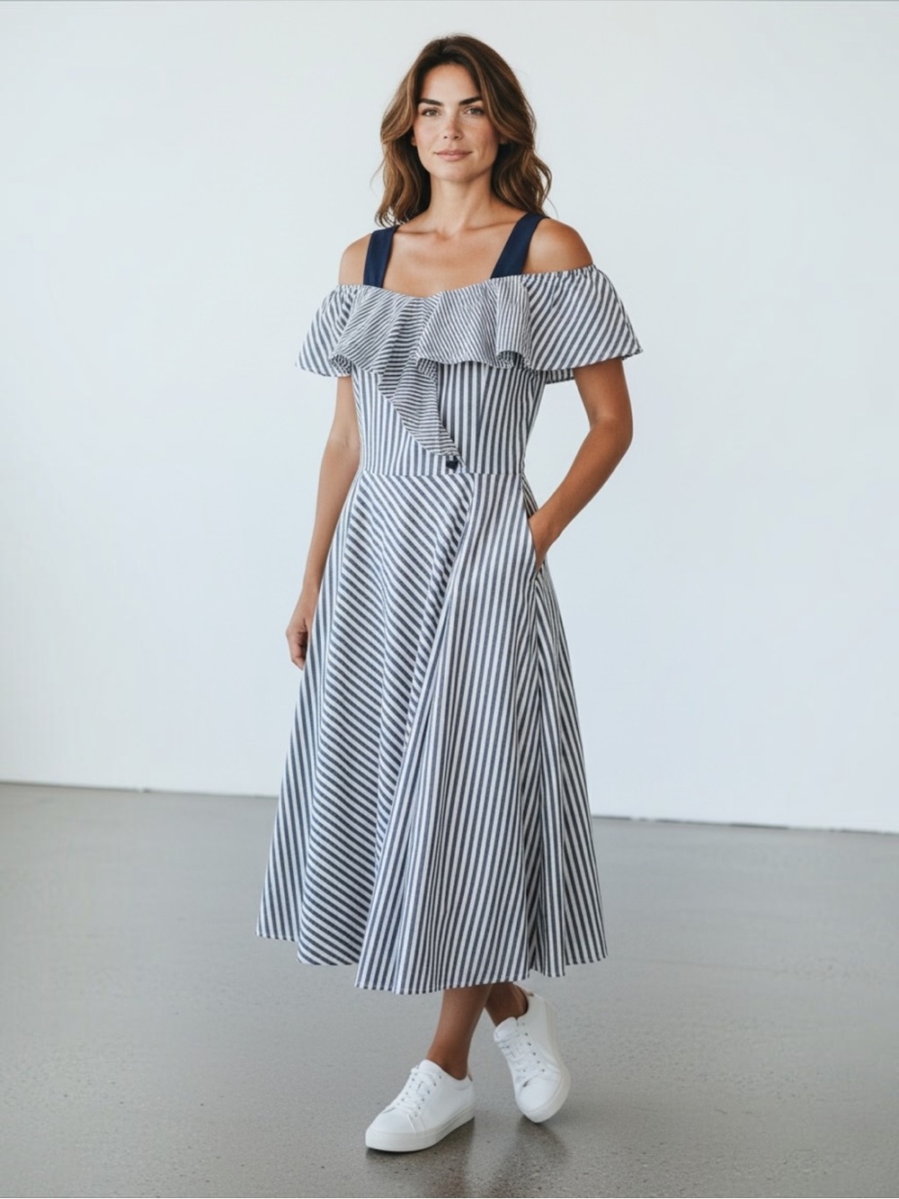 Mine Bridge Blue White Striped Ruffle Cold Shoulder Midi Dress S